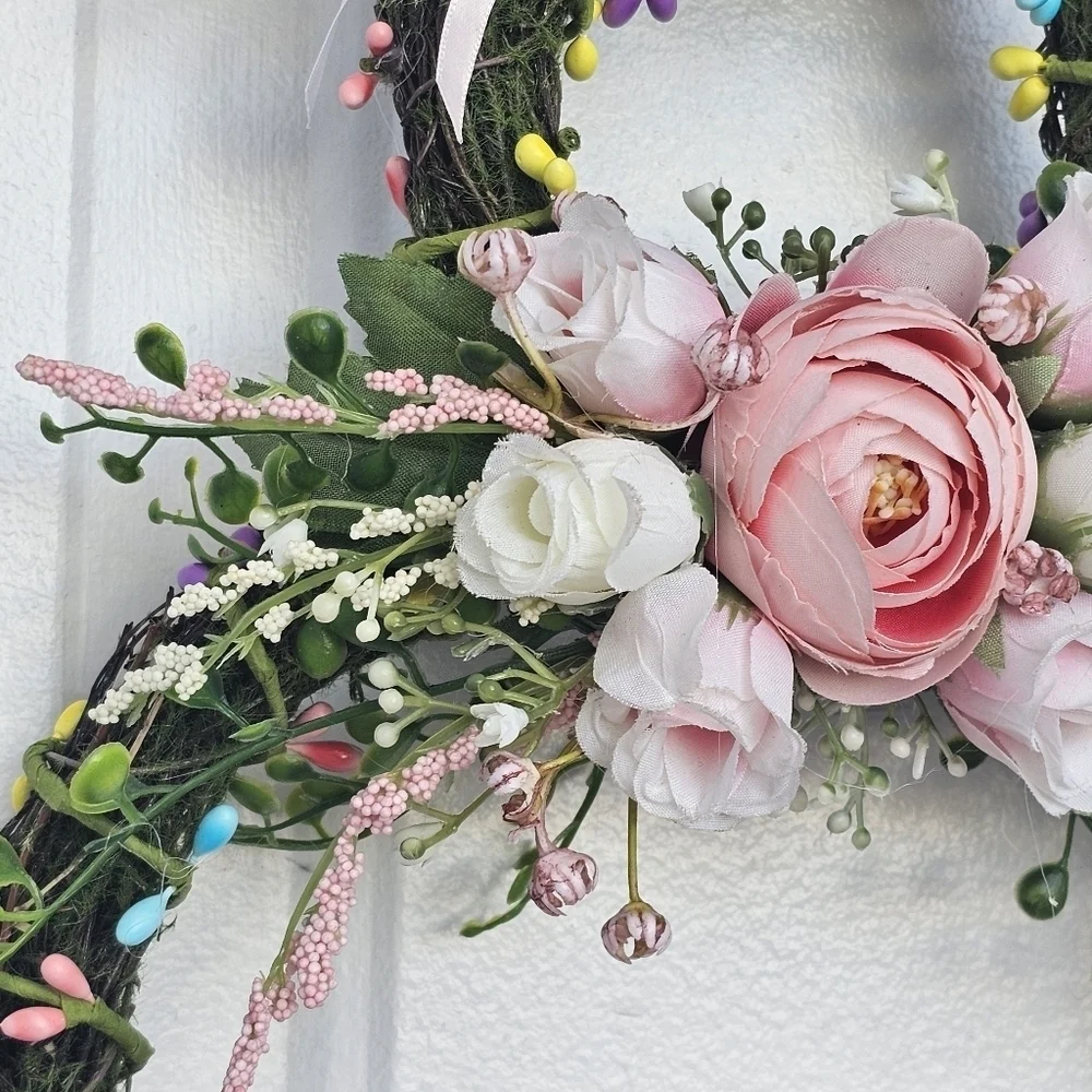 Handmade Floral bunny Spring/Easter Wreath with light pink and white florals